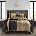 Grand Avenue Elegant Black and Gold Comforter Set,Striped, 7 Pieces Jacquard Bedding Sets with Comforter for All Season, Bed Skirt, Pillows & Shams, Queen Size, Lightweight Microfiber
