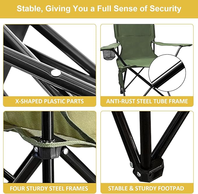 SAILARY Folding Camping Chair with Cup Holder and Cooler Bag, 225lbs Capacity, Upgraded Portable Foldable Chair with Heavy Duty Steel Frame for Outdoor, Beach, Fishing, Backpacking, Green 2PCS