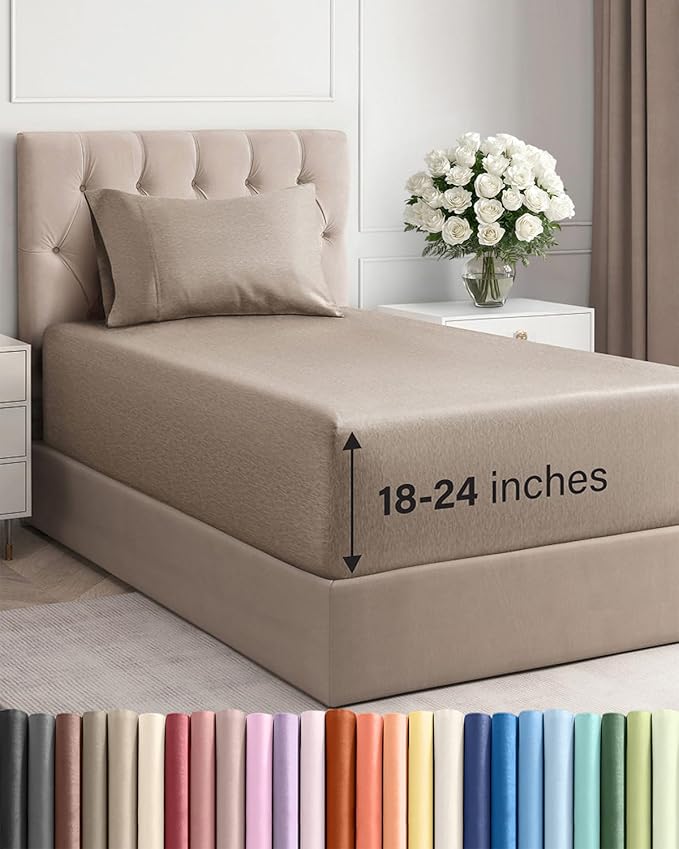 Extra Deep Pocket Twin Sheets - 3 Piece Breathable & Cooling Bed Sheets - Hotel Luxury Bed Sheet Set - Soft, Wrinkle Free & Comfy - Easily Fits Extra Deep Mattresses - Heathered Beige Sheets Set
