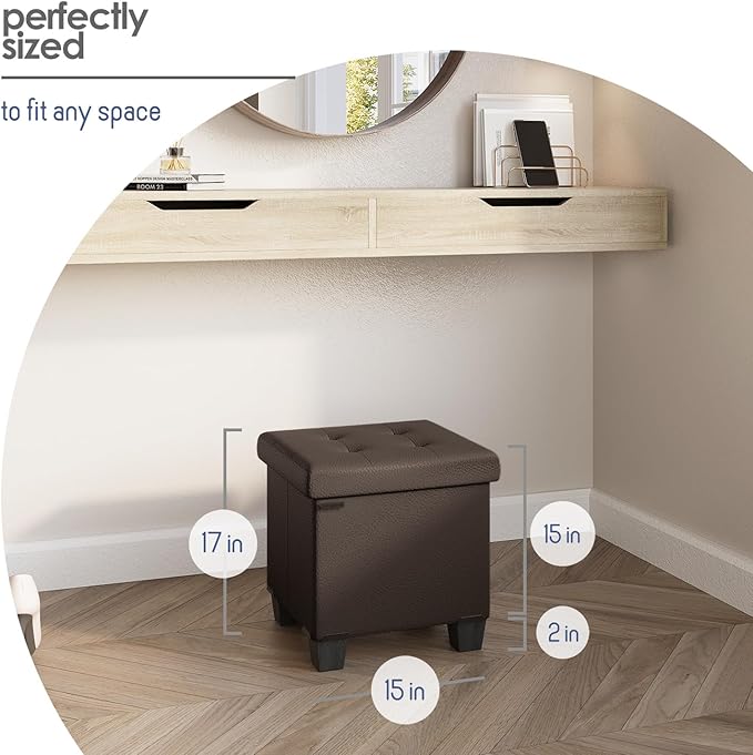 Storage Ottoman Cube with Small Bin, 16-in Square Ottoman with Storage for Living Room and Bedroom, Small Ottomans Foot Rest, Faux Leather Foot Stools Ottomans Max 330lbs, Brown