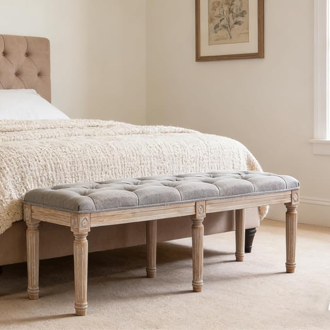 DM Furniture Farmhouse Dining Bench 48" Long Vintage Tufted Bench with Wood Legs Upholstered Entryway Bench Fabric End of Bed Bench for Bedroom Living Room Hallway, Grey