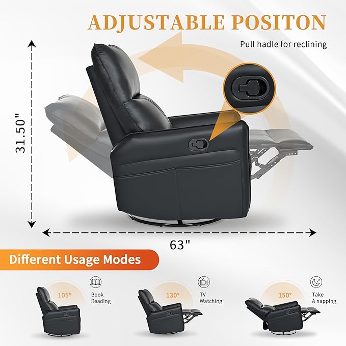 QKFF Swivel Rocker Recliner Chair, Upholstered 360° Fabric Leather Glider Rocker Chair for Nursery, Manual Small Recliners for Small Spaces Living Room Weight Capacity 300lbs