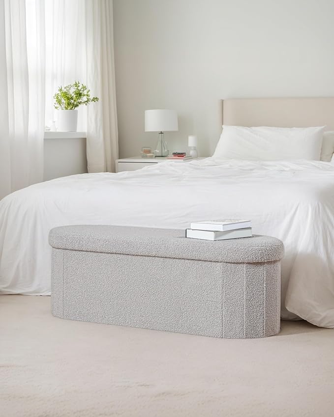 Storage Ottoman Bench, 43.3" Oval Upholstered Ottoman Foot Rest Foldable Boucle End of Bed Storage Bench for Living Room, Entryway, Grey