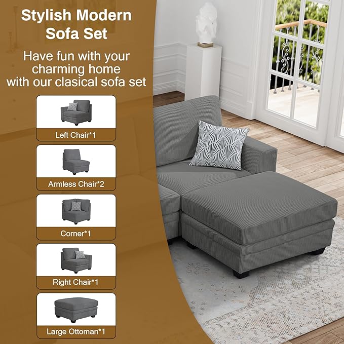 Legend Vansen Oversized Modular Sectional Sofa,6 Seat U Shaped Couch with Ottoman,Corduroy Sofa with Deep Seat,Convertible Large Sectional Couches for Living Room (Grey, L-6)