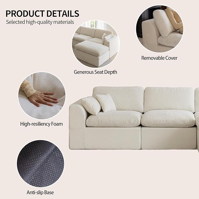155''Cloud Sectional Couch, Modern L-Shape Sofa with Ottoman, Oversized Convertible 6 Seater Modular Couches for Living Room, Warm White