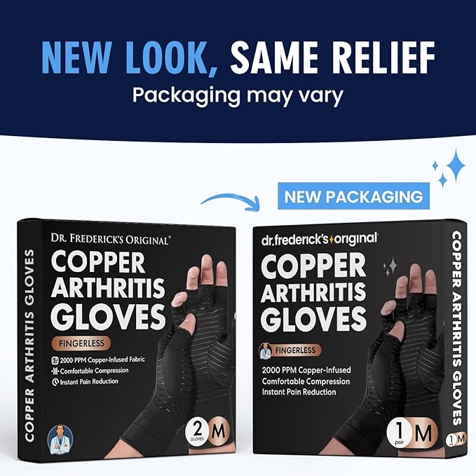 Dr. Frederick's Original Copper Compression Arthritis Gloves - Doctor-Developed Hand Pain Relief for Arthritis, Carpal Tunnel & Tendonitis - All-Day Comfort, Typing & Daily Use - Fingerless, Medium