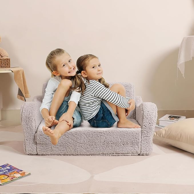 Kids Sofa, 2-in-1 Flip-Out Foam Couch, Soft Play Lounge Chair for Toddlers and Children, Extra Wide, Grey
