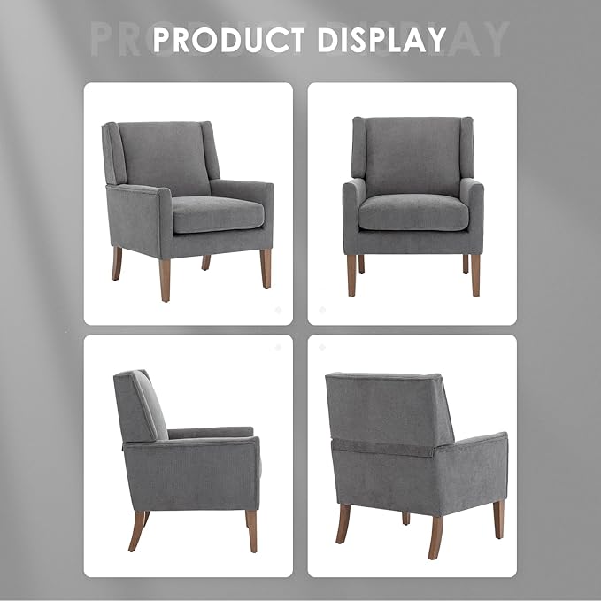 COLAMY Modern Wingback Living Room Chair Set of 2, Upholstered Fabric Accent Armchair, Single Sofa Chair with Lounge Seat and Wood Legs for Bedroom/Office/Reading Spaces, Gery