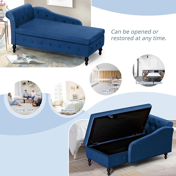ACMEASE Upholstered Velvet Chaise Lounge with Left Armrest & Storage Space,Button Tufted Lounge Chair w/Lumbar Pillow,Modern Lounge Chair for Bedroom, Living Room and Office,Blue