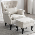 LZAREAL Accent Reading Arm Chairs with Ottoman for Living Room Bedroom, Midcentury Modern Comfy Corner Sofa Chair, Wingback Waiting Room Club Chair with Button Tufted Back &Lumbar Pillow, Linen Beige