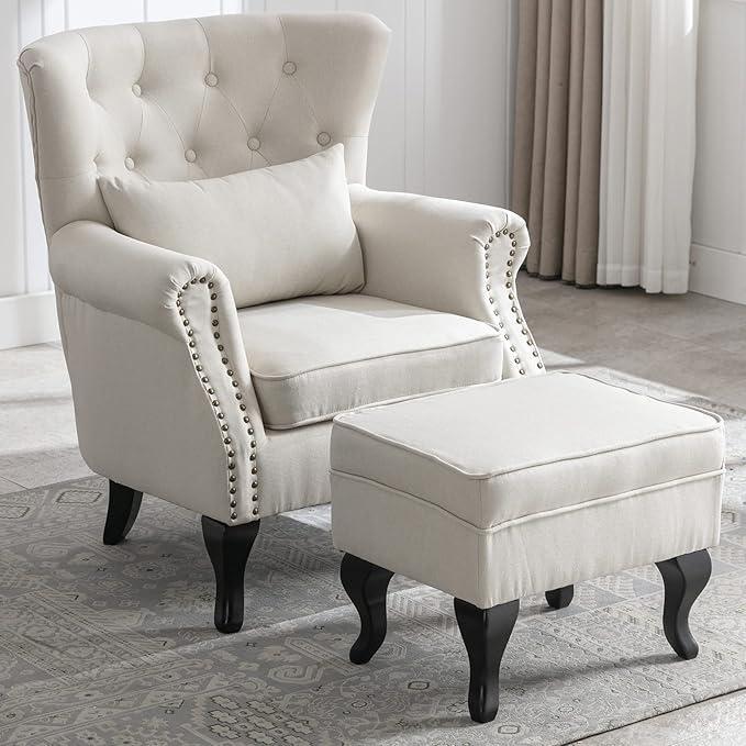 LZAREAL Accent Reading Arm Chairs with Ottoman for Living Room Bedroom, Midcentury Modern Comfy Corner Sofa Chair, Wingback Waiting Room Club Chair with Button Tufted Back &Lumbar Pillow, Linen Beige