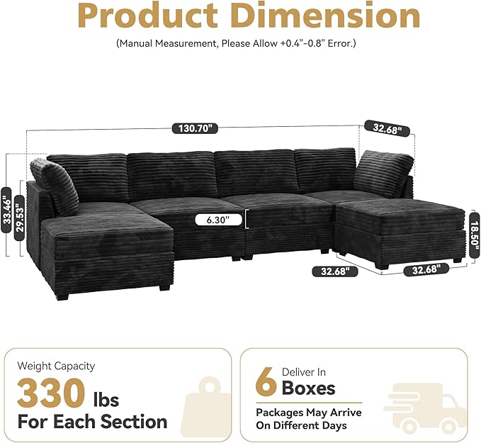CAODOC Large 6 Seat Modular Sectional Sofa with Ottoman Seat Corduroy Sleeper Sectional Sofa Bed Oversized Convertible Modular Couch for Living Room