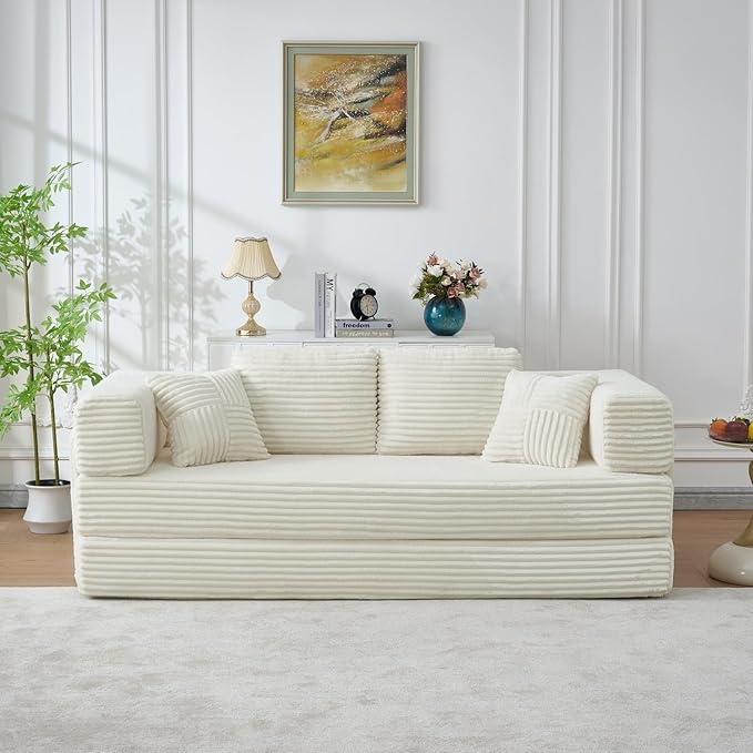 Folding Sofa Bed, Corduroy Loveseat Sleeper with Fixed-Shape Frame, No Assembly Needed Futon Couch, Convertible Floor Sofa Lounge Couch for Living Room, Bedroom, Lounge Studio, Ivory