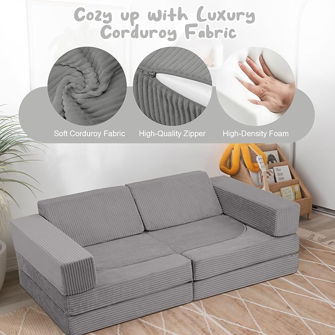 MeMoreCool Kids Modular Play Couch – 10 Piece Corduroy Foam Sofa, Light Grey Convertible Playroom Furniture for Toddlers | Fort Building Set | Washable, Soft & Durable