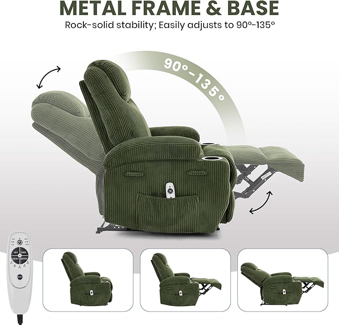 Massage Recliner Chair with Heat - Ultra-Comfortable Reclining (135° Adjustable), Dual Cup Holders & Side Storage Pockets, Easy Tool Assembly, Dark Green