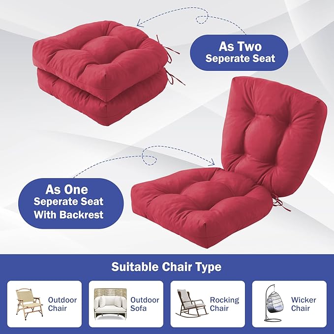IPYNBAP Outdoor Chair Cushions Set of 4, Patio Chair Cushions with Ties, 19x19+5” Tufted Outdoor Seat Cushions, Waterproof Patio Furniture Cushions, Outdoor Dining Chair Pads, Burgundy