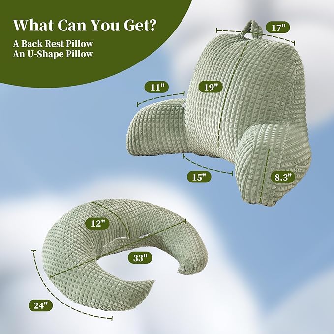 PAJEO Reading Pillow for Bed,U Shaped & Back Support Pillow for Bed,19" Backrest with Lumbar & Arm Support,Comfy Flannel Fabric,Lap Pillow for Gaming/Reading/Watching TV,Green