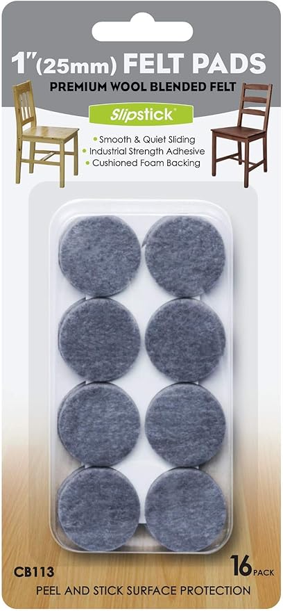 Slipstick Premium Wool Felt Furniture Feet Pads/Chair Leg Floor Protectors (1 Inch Round) Includes 16 Wool Blended Felt Feet Pads with Peel and Stick Adhesive, Gray, CB113