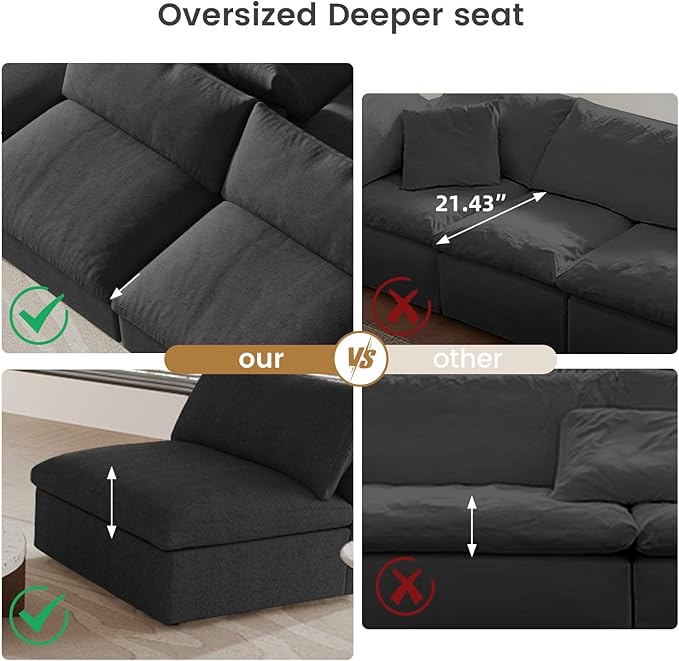 160" Cloud Couch Modular Sectional Sofa for Living Room,L Shaped Sofas with Storage Ottoman,Down Filled Convertible 6 Seater, Covers Washable&Replaceable (Black)