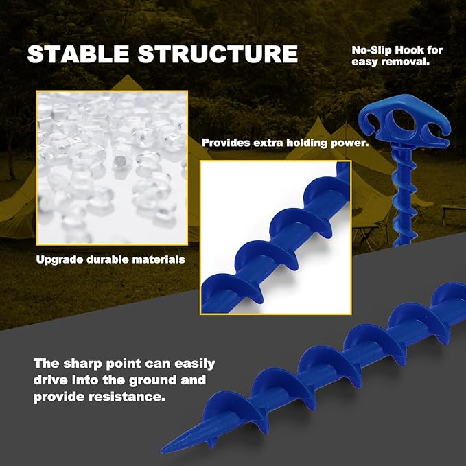 COBARYEN Tent Stakes Ground Anchors Screw in, 16 Pack Sand Stakes for Beach 9.4 Inch Heavy Duty Spiral Tent Pegs for Camping, Party, Hiking, Outdoor Decoration (16, Blue)