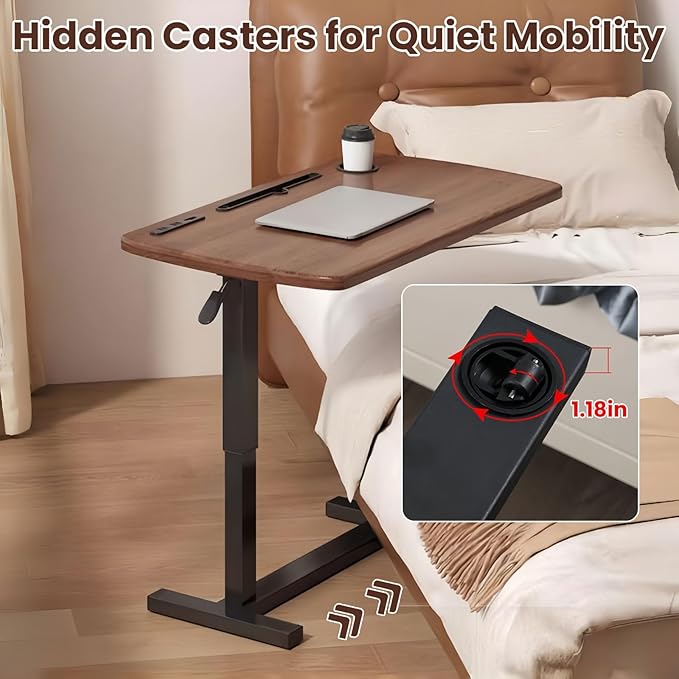Overbed Table with Hidden Wheels, Height Adjustable Hospital Overbed Bedside Table, Mobile Laptop Standing Desk with Cup Holder and USB, Hospital Home Use