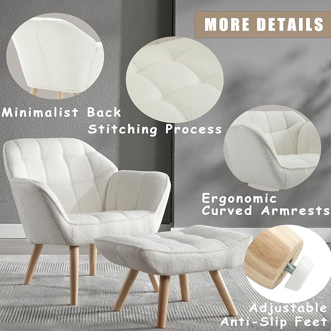 ZH4YOU Sherpa Accent Reading Chair with Ottoman, Modern Fuzzy Chair with Ottoman Upholstered Armchair with Wood Legs Comfy Lounge Chair for Small Spaces Living Room Bedroom Book Nook, White