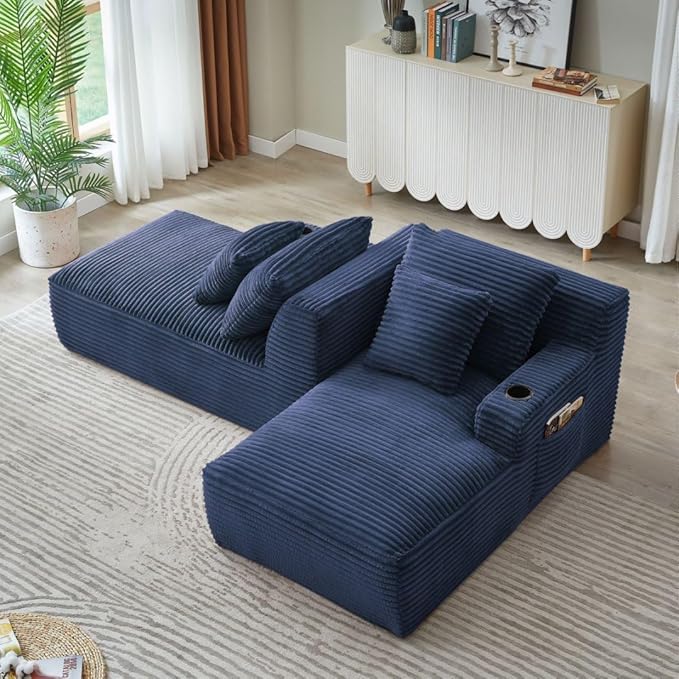 71" Oversized Double Chaise Lounge Sofa Indoor Boneless Sleeper Daybed, Fluffy Corduroy Upholstered Compressed Cloud Couch Loveseat Sofabed, Floor Chair w/Cupholders, Side Pockets for Living Room