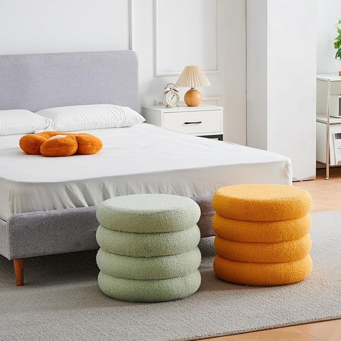 Wimarsbon Round Storage Ottoman, Modern Sherpa Footstool, Teddy Vanity Stool with Flip-Top Tray, Makeup Chair for Home Decor, Upholstered Footrest for Living Room & Bedroom (Yellow)