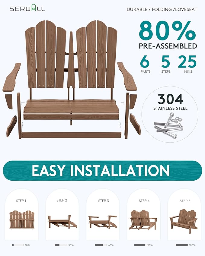 SERWALL 3 Pieces Patio Adirondack Bench Set, 2 Folding Adirondack Bench and 1 Coffee Table Set for Front Porch Garden Balcony Backyard, Brown