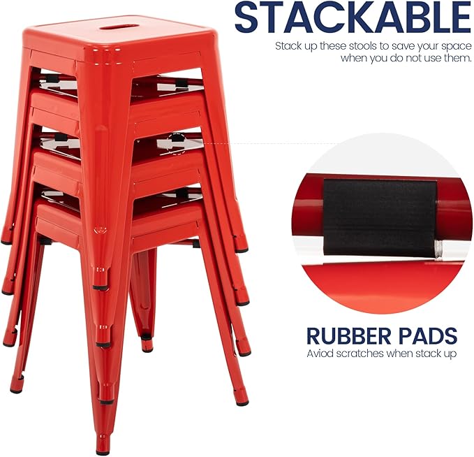 Brage Living 18 Inch Industrial Metal Stools Set of 4, Stackable Classroom Stools, Backless Metal Dining Chairs for Indoor Outdoor, Kitchen Short (Red)