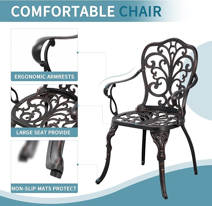 Withniture Outdoor Bistro Table and Chairs Set of 2 Cast Aluminum Patio Bistro Set with Umbrella Hole, All Weather Bistro Table Set for Garden, Suitable for All People, Bronze
