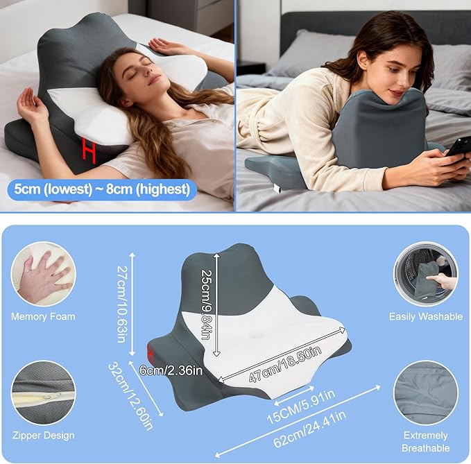 Ergonomic Dual Core Reading Pillow: Memory Foam Chin Cervical Support Pillows - Orthopedic Headrest for Side Back Stomach Sleeping - Ice Silk Bedrest Sofa Contour Cushion