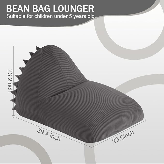 COMAX Bean Bag Chairs for Kids, Dinosaur Kid Beanbag Chair with Filler, Toddler Lounge Bean Chair Corduroy, Lazy Floor Lounger for Girls and Boys Stuffed, Grey