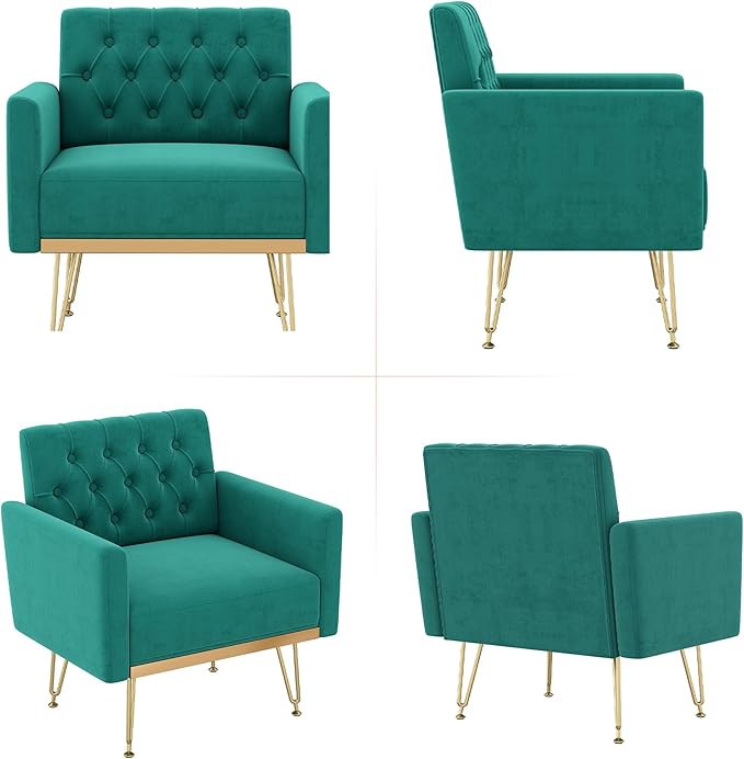 Accent Chair for Living Room, Comfy Oversized Velvet Upholstered Arm Chairs, Mid Century Modern Reading Single Sofa Side Chair with Tufted Back and Gold Legs for Bedroom (2, Green)