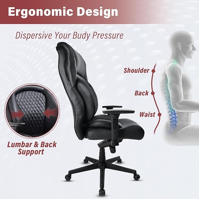 CLATINA Big & Tall Executive Managerial Chair, Heavy Duty Ergonomic Leather Office Desk Chair, High Back Computer Task Chair with 3D Adjustable Arms and Lumbar Support for Home Office, Black, 400LBS