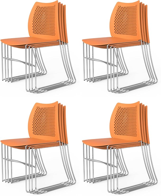VINGLI Stacking Chairs Set of 12 Stackable Office Chairs with Metal Sled Base, Ergonomic Plastic Seat & Holes Back, Stacking Chairs for Waiting Room Break Room Banquet Guest, Orange
