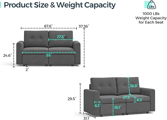 LINSY HOME Modular Sectional Sofa Oversized, Removable Cover Living Room Couches with Storage Deep Seat & Ottoman Chaise L/U Shaped Sofa Modern Couch (Beige, 2 Seats)