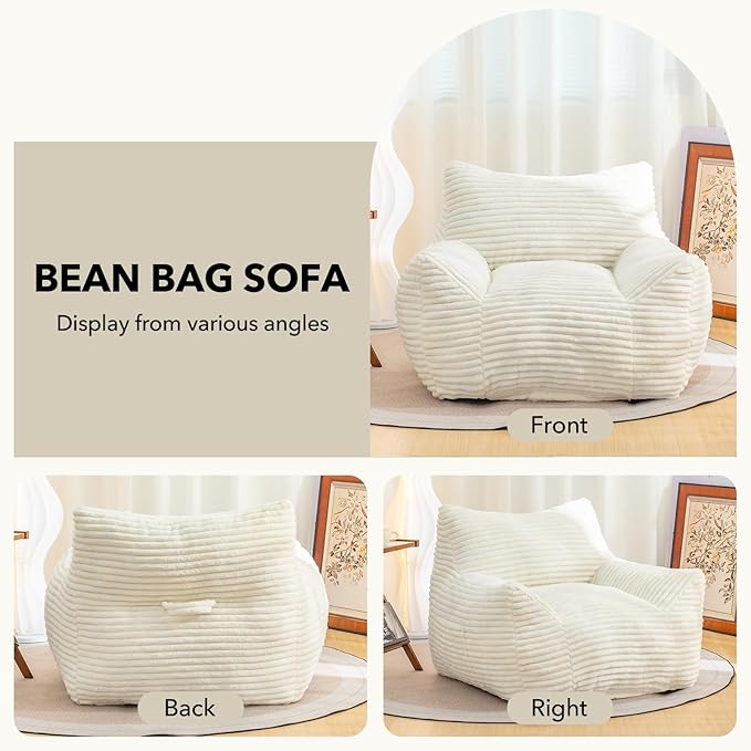 Giant Bean Bag Chair for Adults, Corduroy Upholstered Beanbag Chair with Side Pocket, Comfy Bean Bag Sofa with Portable Handle, Floor Sofa Chair for Bedroom (White)