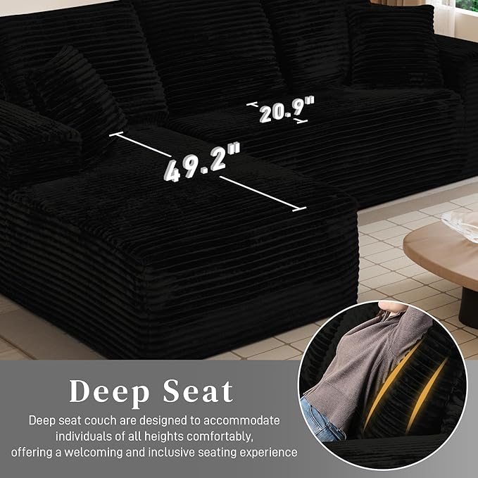 Modular Sectional Sofa Cloud Sectional Couch, 107" Comfy Fluffy L Shaped Jet Black Couches for Living Room, Memory Foam Deep Seat Corduroy Boneless Couch Sectionals Left Facing Chaise Sofas