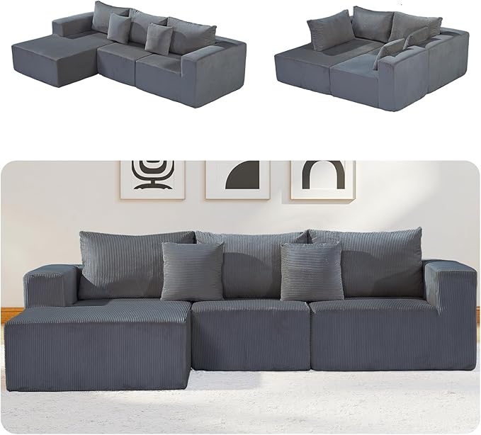 Modular Sectional Sofa,Oversized Cloud Sectional Couch with Deep Seat Modern Boneless L-Shape Lounge Sofa No Assembly Required with Pillows for Living Room Bedroom(Grey)