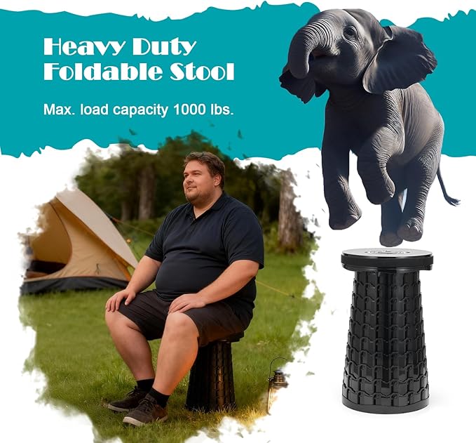 2025 Upgraded XXL Collapsible Stool with Cushion, 1000 lbs Capacity & 19.7-in High, Wider & Taller Heavy Duty Portable Telescoping Foldable Seat for Adults Camping, Travel, Music Festivals, Outdoors