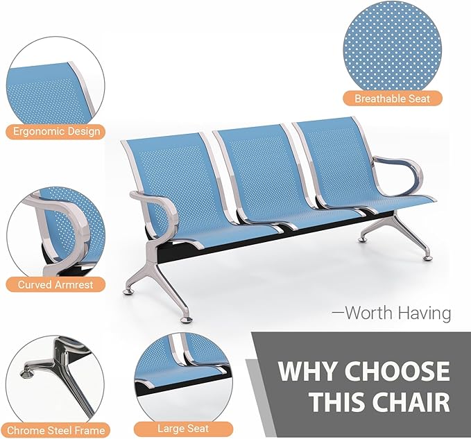 Kinfant 3-Seat Waiting Room Chair - Office Guest Reception Chairs with Ergonomic Backrests, Airport Waiting Bench with Armrests, Metal Waiting Furniture for Hospital, Bank, Salon, (Blue, Set of 4)