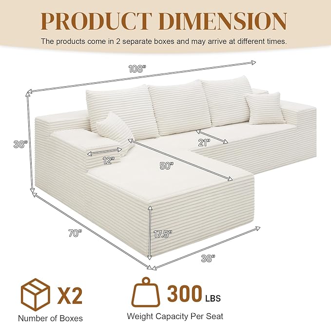 108" Boneless Cloud Sectional Couches for Living Room, Comfy Fluffy L Shaped Memory Foam Deep Seat Boneless Couch, Modular Sectional Sofa with Left Facing Chaise, White
