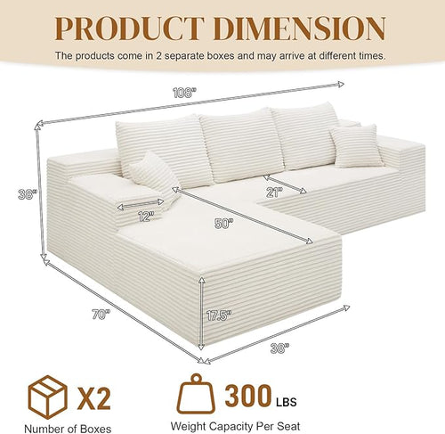 108" Boneless Cloud Sectional Couches for Living Room, Comfy Fluffy L Shaped Memory Foam Deep Seat Boneless Couch, Modular Sectional Sofa with Left Facing Chaise, White