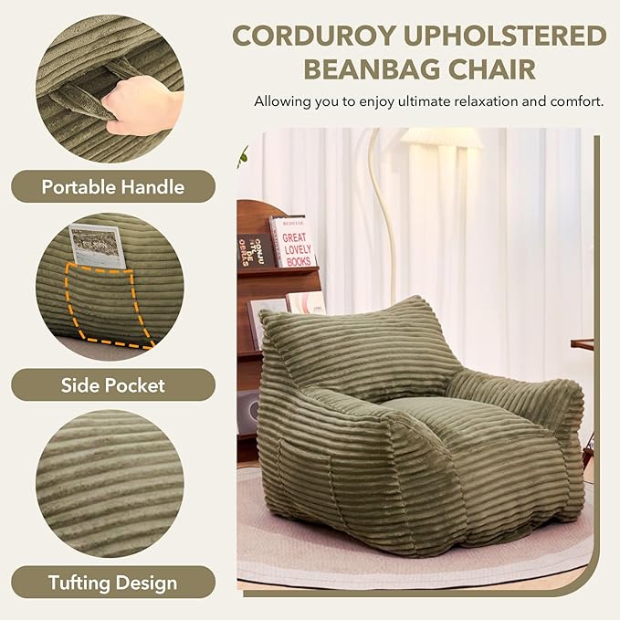 Giant Bean Bag Chair for Adults, Corduroy Upholstered Beanbag Chair with Side Pocket, Comfy Bean Bag Sofa with Portable Handle, Floor Sofa Chair for Bedroom (Green)