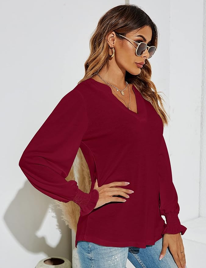 Romanstii Women's Casual V-Neck T-Shirts Loose Puff Long Sleeve Tops Tunic Blouses