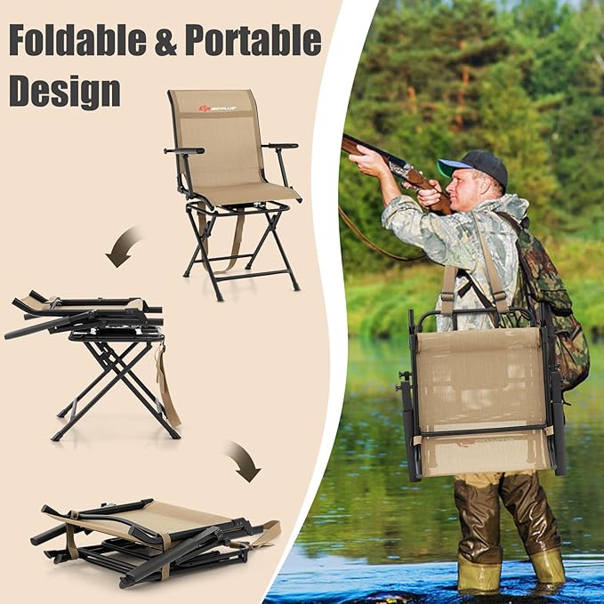 Goplus Hunting Chair, 360° Swivel Folding Hunting Blind Chair with Carrying Strap, 330LBS Capacity, Portable Deer Hunting Stool, Silent Ground Dove Hunting Chair, No Assembly