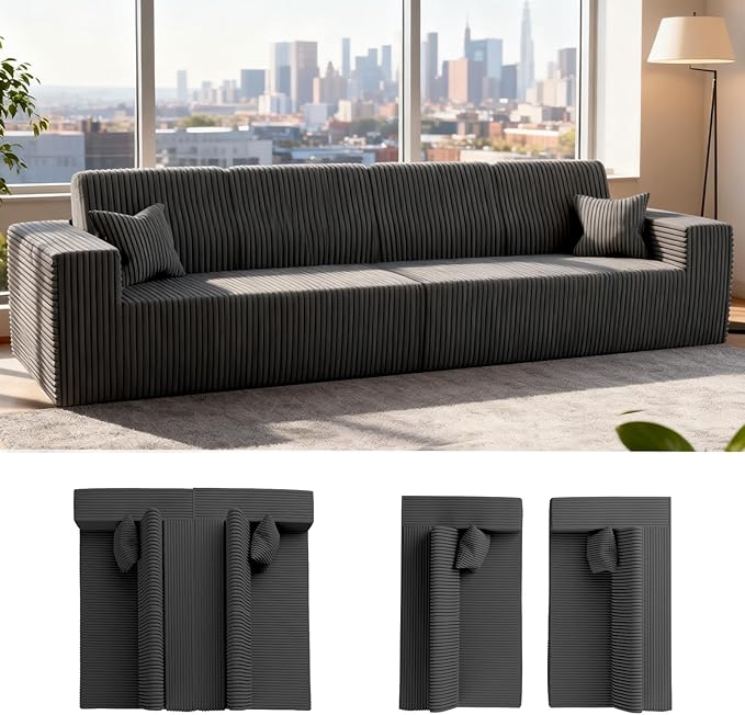 Komusou 142" Boneless Couch, Cloud Modular Sectional Sofa 4-Seat, Modern Upholstered Couches for Living Room Bedroom No Assembly Required (Grey, 4 Seaters)