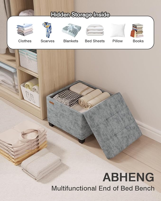 ABHENG 17.7 inches Chenille turfed Ottomans Cube with Storage, Metal-Framed Square Storage Ottoman Foot Rest Stool Holds 770 LB for Dorm Living Room Bedroom Gray UASN641G