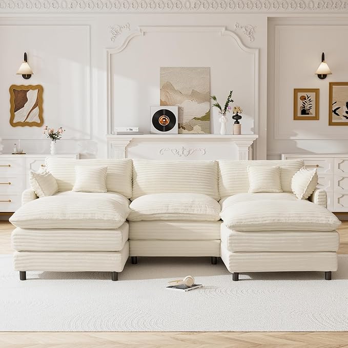 HYJT-H&K 108" U Shaped Cloud Couch Modular White Sectional Couches for Living Room, Comfy Fluffy Corduroy Oversized Cloud Sectional Couch Large 5 Seat Sectionals Sofa Set, White